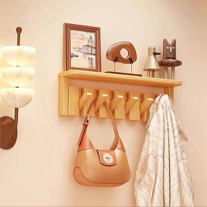 Wall Mounted Piano Key Hanger | Flip Style Hook | Entrance Wall Art Hook, Made of Oak Wood (3 Times Painted, 4 Times Polished) (Tray Beech, 6Hooks)-Ruum Studio Home
