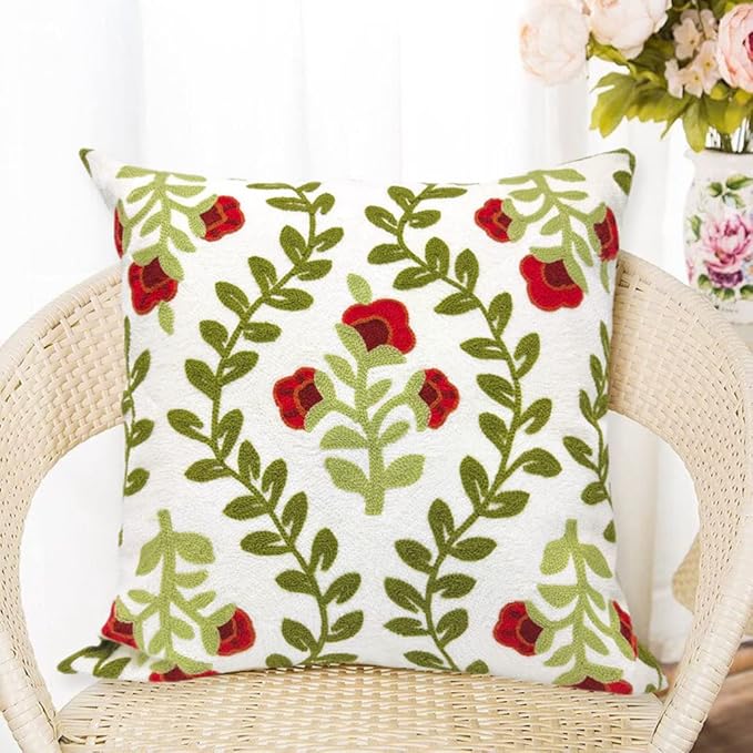Alysheer Floral Embroidered Summer Decorative Throw Pillow Cover 18"x 18", Farmhouse Cottage Red Flowers Green Leaves Knit Pattern Cotton Canvas Cushion Case for Sofa Couch Bed Living Room Decor-Ruum Studio Home