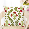 Alysheer Floral Embroidered Summer Decorative Throw Pillow Cover 18"x 18", Farmhouse Cottage Red Flowers Green Leaves Knit Pattern Cotton Canvas Cushion Case for Sofa Couch Bed Living Room Decor-Ruum Studio Home