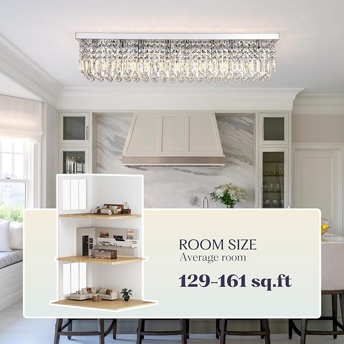 Modern Crystal Chandelier, 8-Lights Rectangle Chandelier Rectangular Flush Mount Pendant Ceiling Light Fixture K9 Crystal Raindrop Chandeliers for Dining Living Room Kitchen Island 𝐋𝟒𝟎 𝐈𝐧𝐜𝐡-Ruum Studio Home