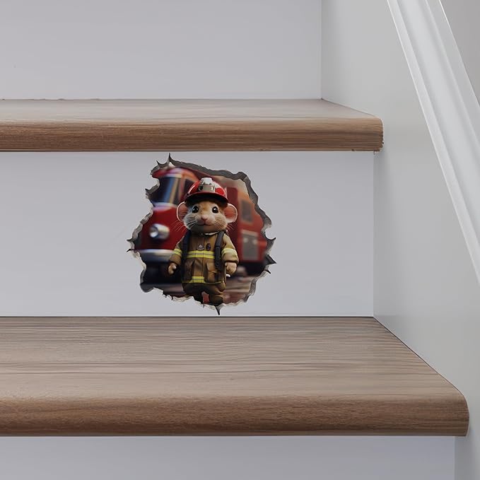 Firefighter Mouse in Mouse Hole Decal - Mouse Hole 3D Wall Sticker-Ruum Studio Home