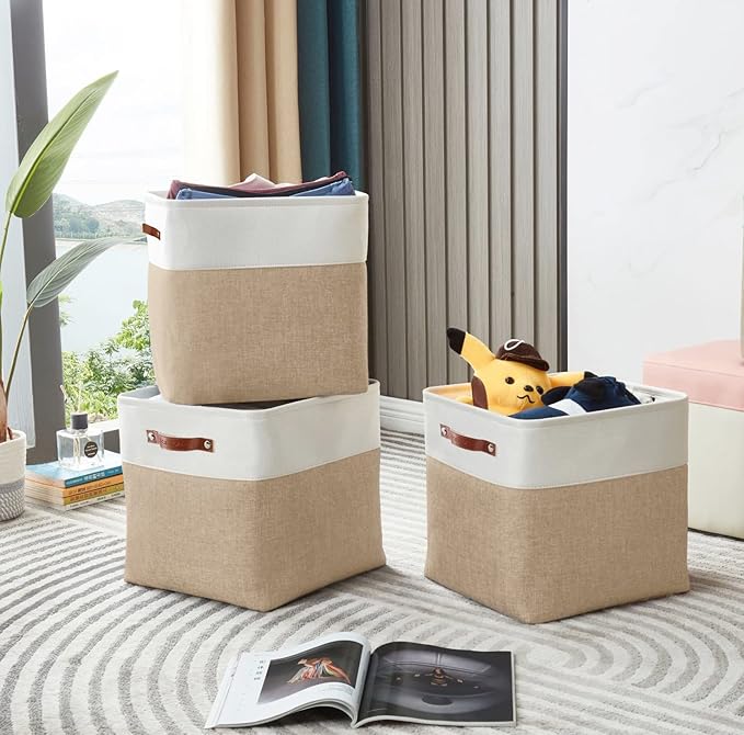 DECOMOMO Storage Cubes, 12x12 Storage Bins, Baskets for Shelves (Beige & White, Cube 12" - 4 Pack)-Ruum Studio Home