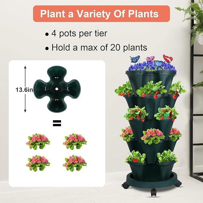 Vertical Planter, 5 Tier Stackable Strawberry Planter with Garden Tool Set, Movable Indoor/Outdoor Garden Herb Pot for Growing Vegetables and Succulents, Green-Ruum Studio Home