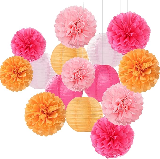 Pink-Orange Party-Decorations Paper-Flowers Lanterns - 15PCS Fall Wedding Birthday Tissue Pom Poms Streamers, Boho Baby Bridal Shower Graduation Sunset Hanging Supplies Decor Hugfond-Ruum Studio Home