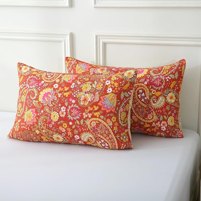 ABREEZE Paisley Bedding Sets 3Pcs Brushed Cotton Duvet Cover Set Queen Size Rustic Damask Red Floral Comforter Cover with Zipper Closure Boho Bedding Collections-Ruum Studio Home