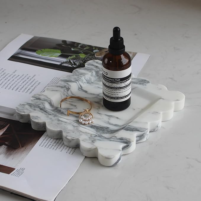 Natural Luxury Marble Tray with Scalloped Edge, Handmade Square Decorative Tray, Catch All Tray for Counter, Dresser, Nightstand and Home Décor (Arabescato Calacatta)-Ruum Studio Home