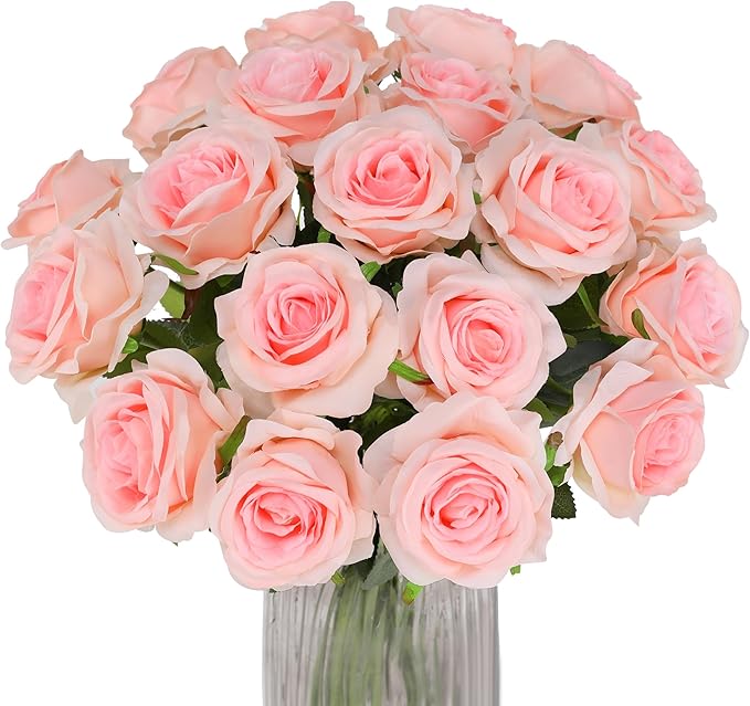 Pink Fake Roses Artificial Flowers - 10 Pcs Fake Artificial Roses Silk Flowers with Stems for Home Wedding Hotel Office Centerpiece Decor（Champagne Pink）-Ruum Studio Home