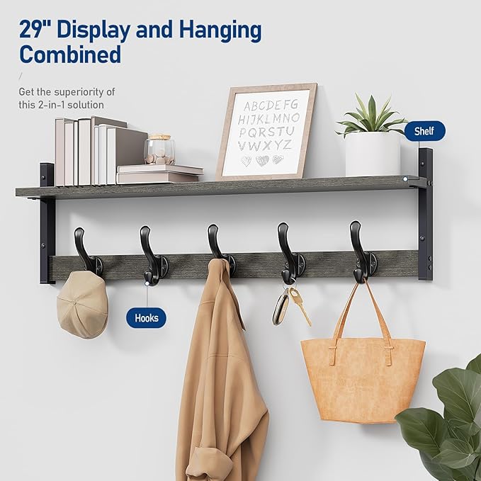 Tatub 29" Rustic Coat Rack Wall Mount with Shelf, Entryway Wall Hooks with Shelf, Coat Hangers for Bathroom, Living Room, Bedroom, Dark Grey-Ruum Studio Home
