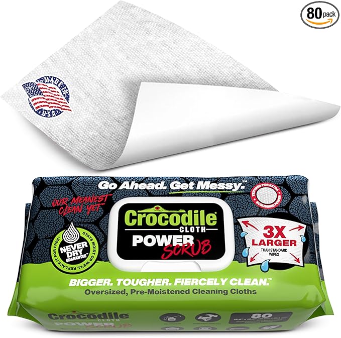 Crocodile Cloth PowerScrub - 80 Dual Surfaced Cloths, 10in X 15in. Large, Moist, Absorbent and Disposable Cleaning Cloths. Safe on Skin and Multiple Surfaces. (6500-080)-Ruum Studio Home