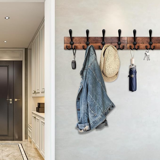 IBosins Wall Mounted Coat Rack, 31-2/5'' Long, Entryway Hanging Rack, Metal Wood Coat Hooks Rack with 8 Black Rustic Tri-Hooks Rail for Coat, Bag, Towel, Key, Hat, Umbrella-Ruum Studio Home