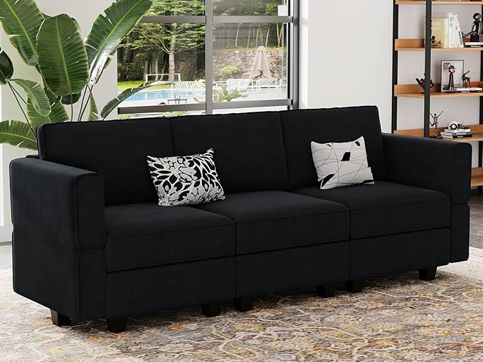 Belffin Modular Sofa Couch with Storage Seats Velvet 3 Seater Sofa for Living Room Black-Ruum Studio Home