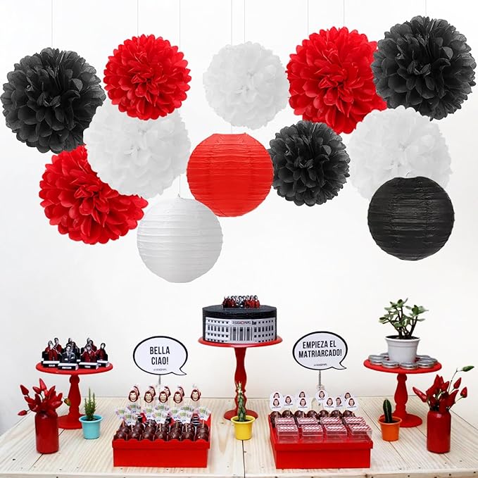 Red-Black White Party-Decorations Paper Flowers Lanterns - 15PCS Halloween Birthday Tissue Pom Poms Streamers,Wedding Baby Bridal Shower Hanging Supplies Decor Hugfond-Ruum Studio Home