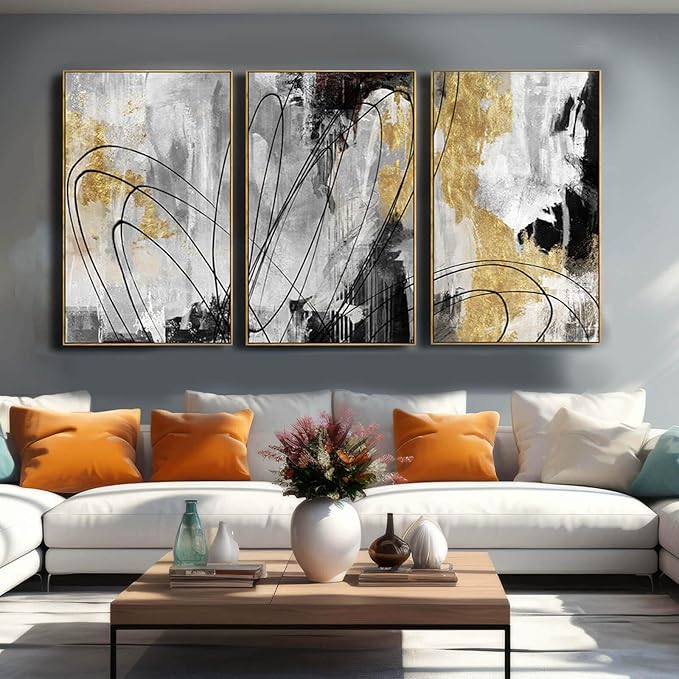YJYart Gold Wall Art Abstract Wall Art Living Room Decor Black and White Canvas Picture Home Decor Wooden Frame Line Paintings Modern Artwork Office Decor 24"x 36"x 3 Pieces-Ruum Studio Home