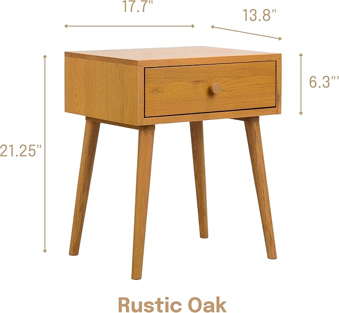 NTC Solid Oak Lux Nightstand with Drawer, Mid Century Modern Side Table Bedroom, Bedside Furniture, Night Stand, End Table, Easy Assembly - Rustic Oak-Ruum Studio Home
