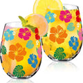Sliner 2 Pack 17oz Summer Hawaiian Stemless Wine Glasses Aloha Stemless Wine Glass Luau Colorful Flowers Leaves Tumbler Cups for Hawaiian Tiki Party Supplies Birthday Gift-Ruum Studio Home