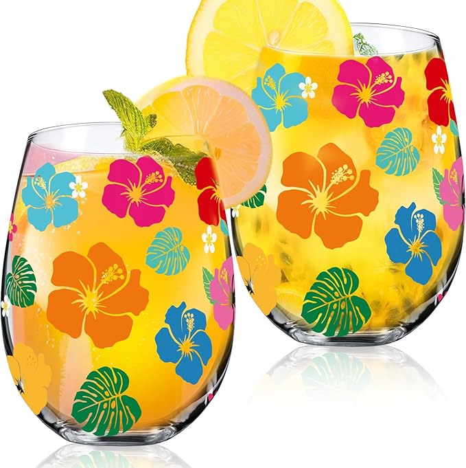 Sliner 2 Pack 17oz Summer Hawaiian Stemless Wine Glasses Aloha Stemless Wine Glass Luau Colorful Flowers Leaves Tumbler Cups for Hawaiian Tiki Party Supplies Birthday Gift-Ruum Studio Home