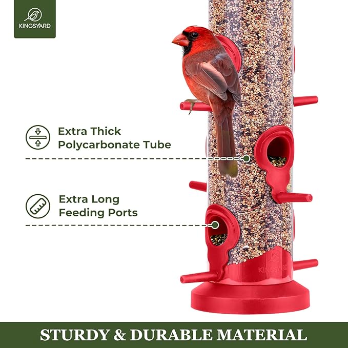 Kingsyard 2 Pack Tube Bird Feeders for Outdoors Hanging, Premium Hard Plastic Bird Feeder with 6 Feeding Ports, Weatherproof & Steel Hanger, Attracting for Wild Birds (Red)-Ruum Studio Home