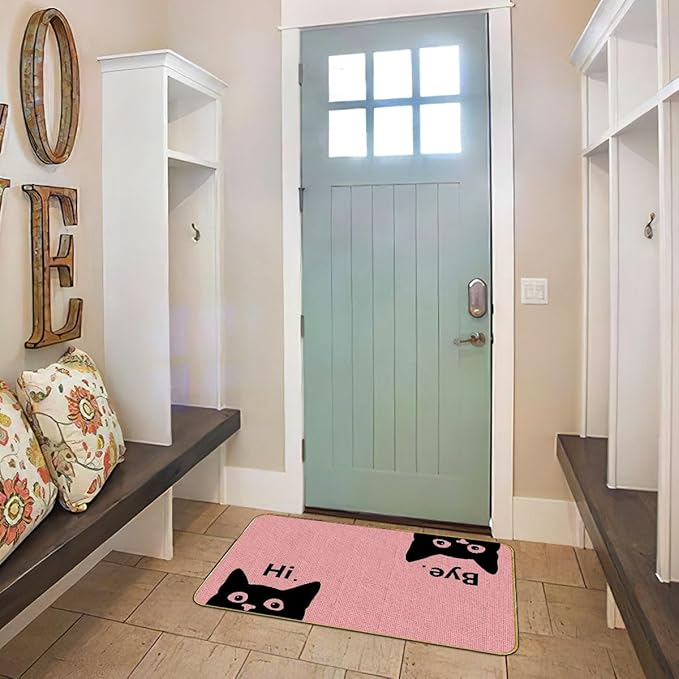 Mingnei Hi Bye Cat Welcome Doormat - Funny Black Cat Lover Floor Mat for Home Kitchen Entrance, 30x17 Pink-Ruum Studio Home