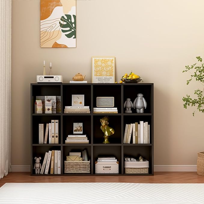12-Cube Storage Shelf Bookcase - Wooden 3-Tier Floor Standing Open Bookshelf for Home and Office, Display Cabinet, Black-Ruum Studio Home