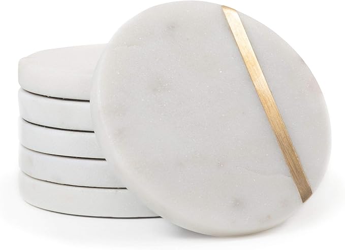 Cork & Mill Marble Coasters Set of 6 - Luxury Aesthetic Modern Decor for Coffee Table- White Marble with Gold Brass Inlay - Real Natural Semi Absorbent Stone Coasters-Ruum Studio Home