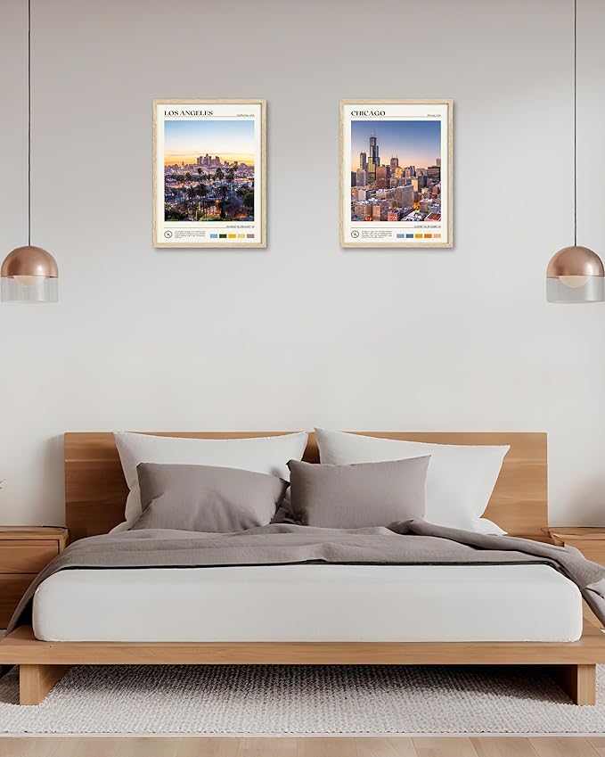 HesenDot Natural OAK Wood Los Angeles Cityscape Framed Wall Art,12x16in City Skyline Canvas Wall Print,Modern Urban Landmark Wall Decor for Living Room,Bedroom,Office Gallery Gifts Set of 1-Ruum Studio Home