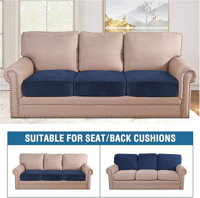 H.VERSAILTEX Velvet Stretch Couch Cushion Cover Plush Cushion Slipcover for Chair Loveseat Sofa Cushion Furniture Protector Seat Cushion Sofa Cover (3 Piece Sofa Cushion Covers, Navy)-Ruum Studio Home