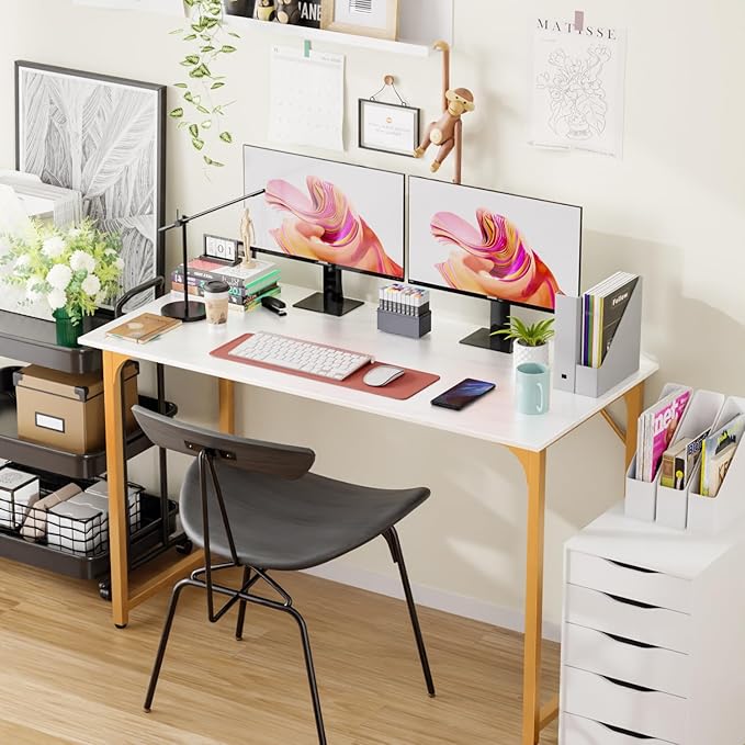 PayLessHere | 47 Inch Computer Desk | White Gold | Office Desk with Metal Frame, Adjustable Feet | Water-Resistant, Scratchproof Surface | Sturdy Writing Table for Home Office or Study | Pack of 1-Ruum Studio Home