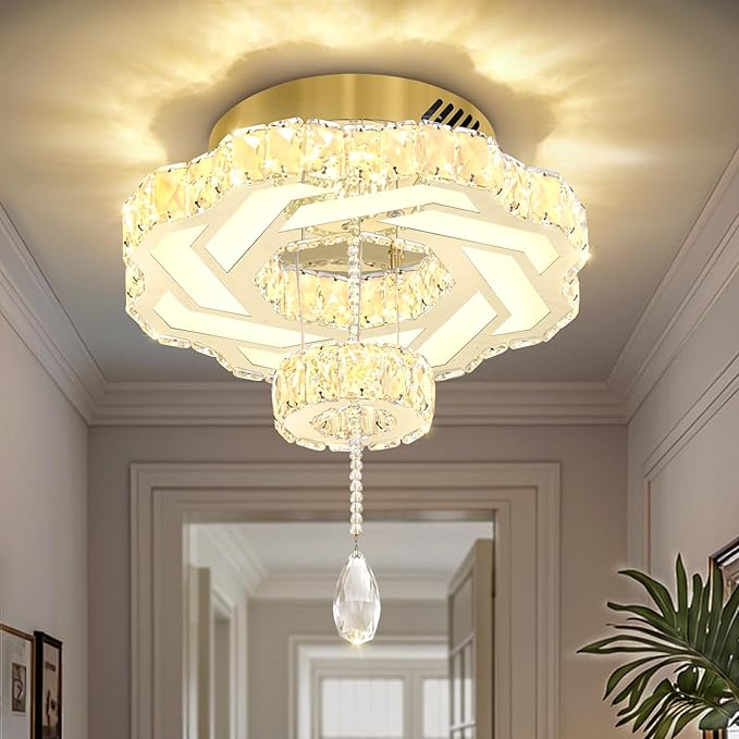 Flashing God 16 Inch Mini Chandelier Modern Crystal Chandeliers Light Semi Flush Mount Ceiling Light Fixture Small Gold Chandelier for Bedroom Hallway Kitchen Foyer-Ruum Studio Home