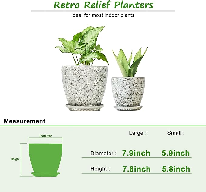8 Inch + 6 Inch Retro Ceramic Planter Set of 2 with Drainage Hole and Saucer for Multiple Plants, Indoor-Outdoor Garden Pots for Succulent, Orchid, and Flower (Retro White)-Ruum Studio Home
