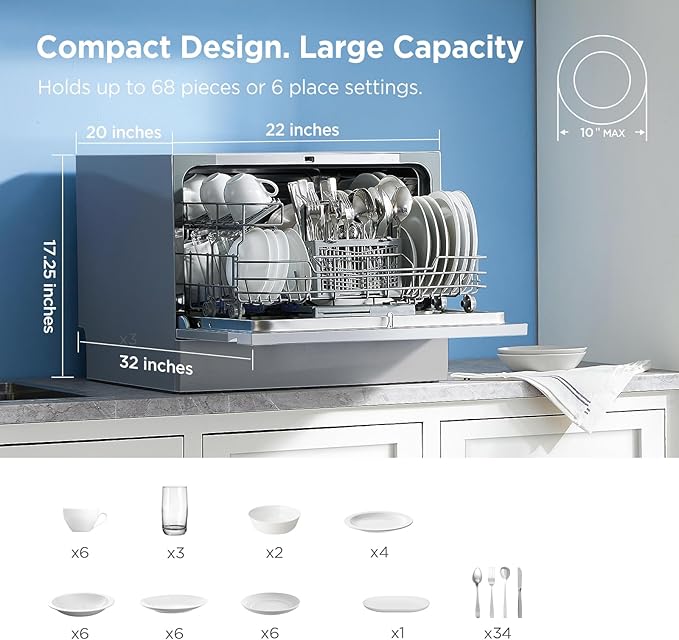 Midea MDC22P2ASS Countertop, Portable Place Settings & 6+2 Washing Cycles. Energy Star Dishwasher, Dish Washer for Dorm, RV& Apartment, Sliver, Silver-Ruum Studio Home