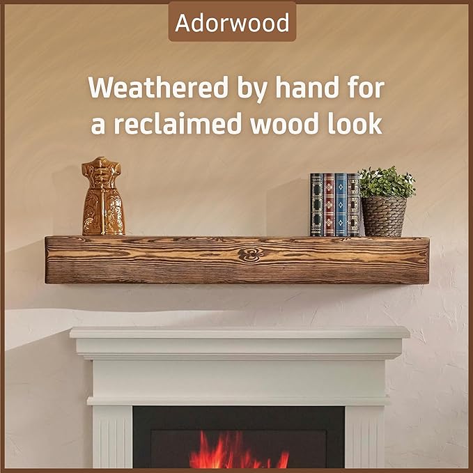 Handmade Fireplace Mantel Shelf 48", Extra Wide Rustic Wood Mantles for Over Fireplace, Wall Mounted Floating Mantel Shelves for Living Room Decor (Dark Rustic, 48Lx6Hx8D)-Ruum Studio Home