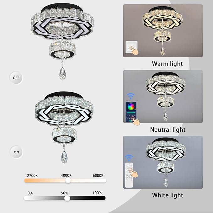 Flashing God Small Crystal Chandeliers Dia 12" Black Chandelier Flush Mount Ceiling Light for Bedroom Living Room Dining Room Hallway Dimmable 3 Rings LED Celing Lighting Fixtures-Ruum Studio Home