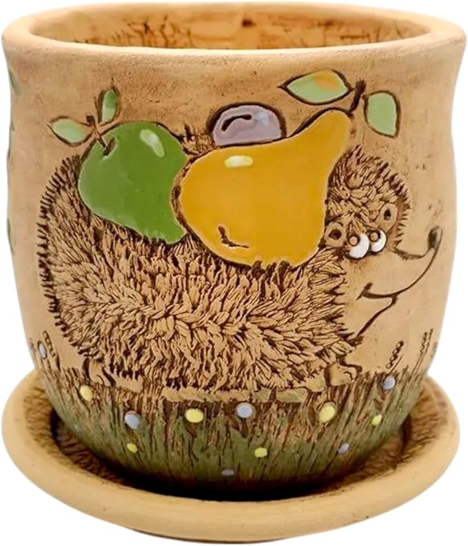Ceramic Pot with Drainage Hole and Saucer, Plant Pots, Modern Decorative Planters for House Plants Indoor Flowers Plants, Cute Flower Pot - Gifts (Hedgehog (0.7 L))-Ruum Studio Home