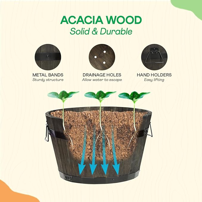 IDZO Set of 3 Wooden Flower Planters for Outdoor Plants, Acacia Wood Barrel Planters, Ergonomic Handles, Drainage Holes, Various Sizes, Black-Ruum Studio Home