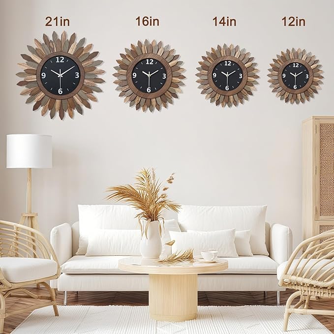 Honiway 14 Inch Wall Clock, Rustic Wood Boho Sunburst Decorative Wall Clocks Battery Operated Silent Non Ticking Farmhouse Small Wall Clocks for Living Room Kitchen Bedroom Home Decor (Tricolor)-Ruum Studio Home