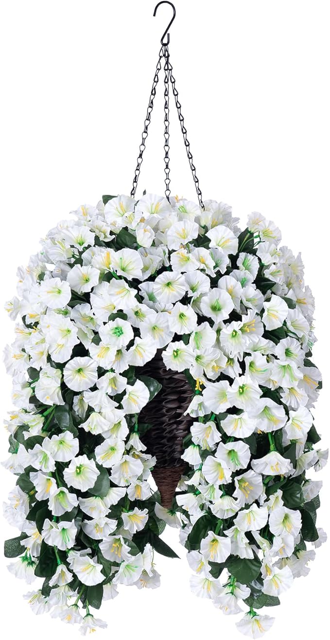 Artificial Faux Hanging White Flowers Plants Basket for Outdoor Outside, Fake UV Resistant Realistic White Morning Glory Flowers for Porch Home Balcony Yard Patio Decoration-Ruum Studio Home