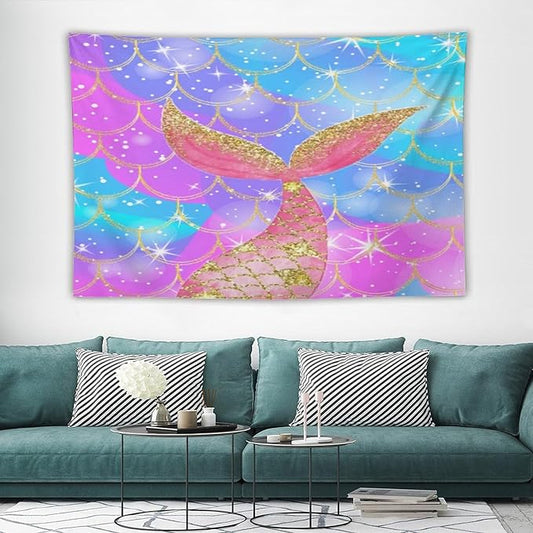 HZOHNAGO Mermaid Scales Tapestry Colorful Shiny Scales Mermaid Tail Pattern Printed Wall Tapestry Wall Hanging for Bedroom Living Room Dorm 60" W x 40" H-Ruum Studio Home