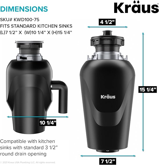 KRAUS WasteGuard 3/4 HP Ultra-Quiet Garbage Disposal with Quick Connect, Kitchen Sink Drain Cover, Power Cord and Flange Included, KWD100-75MBL-Ruum Studio Home