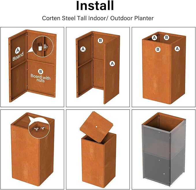 Cor Ten Steel Planter 26 Inch Tall Planter with Drainage Holes, Rust-Resistant/Heavy-Duty Metal Planter Box for Garden, Patio, Porch & Yard (14x14x26in)-Ruum Studio Home