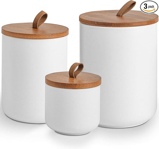 White Ceramic Canister Set with Bamboo Lids, 3-Piece Airtight Food Storage Jars for Kitchen - Flour, Sugar, Coffee, Tea, Spice - Small, Medium, Large Sizes-Ruum Studio Home