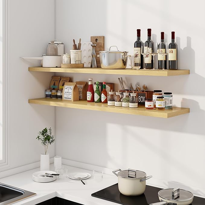 55" Floating Shelves for Wall, 12" Deep Slim Oak Floating Shelves, Wall-Mounted Shelves for Bedroom, Living Room, Kitchen, Bathroom - Set of 2-Ruum Studio Home