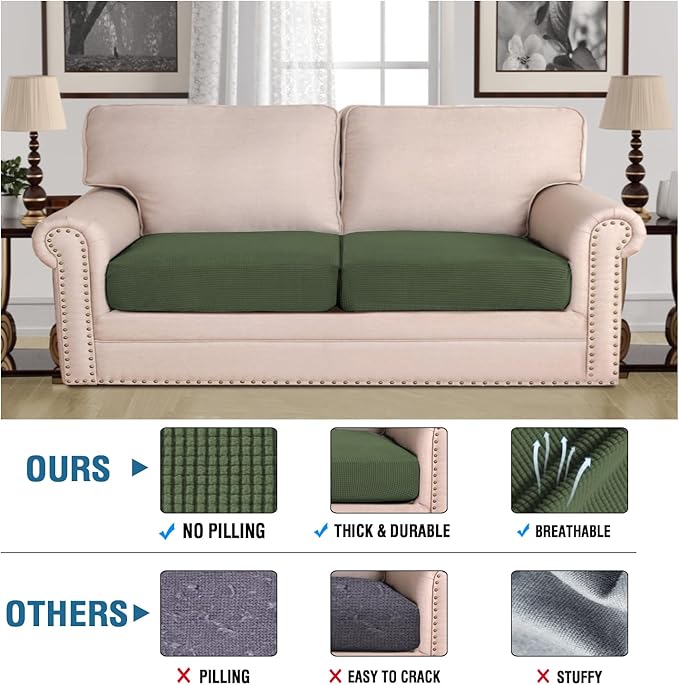 H.VERSAILTEX Super Stretch Individual Seat Cushion Covers Sofa Covers Couch Cushion Covers Slipcover Sets Thick Jacquard Textured Twill Fabric (2 Piece Large Sofa Cushion Covers, Bronze Green)-Ruum Studio Home