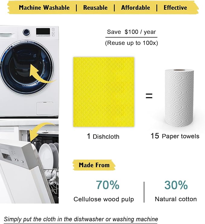 Swedish Dishcloths for Kitchen | 6 Pack Absorbent Cellulose Sponge Cloths Washable | Non-Scratch Reusable Paper Towels Quick Drying Cleaning Cloths - Yellow-Ruum Studio Home