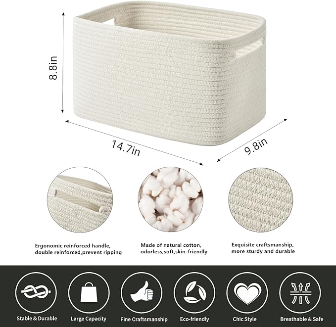 Storage Basket - Woven Cotton Rope Baskets for Organizing, Decorating Shelves, Books, Towels, Toys - 3 Pack - White-Ruum Studio Home