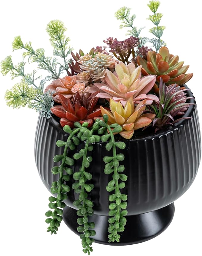 MyGift 10 Inch Modern Artificial Succulent Arrangement Potted in Matte Black Ribbed Ceramic Round Planter, Decorative Plant Pot with Assorted Faux Mini Succulents-Ruum Studio Home