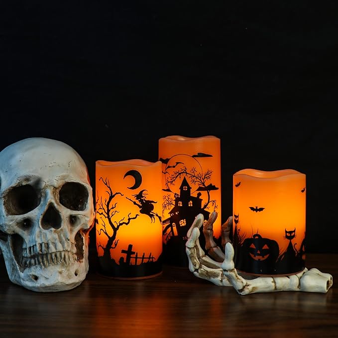 Wondise Halloween Flickering Flameless Candles with 6 Hour Timer, Battery Operated LED Real Wax Candles Set of 3 Halloween Home Decoration Gifts(3 x 4 5 6 Inch)-Ruum Studio Home