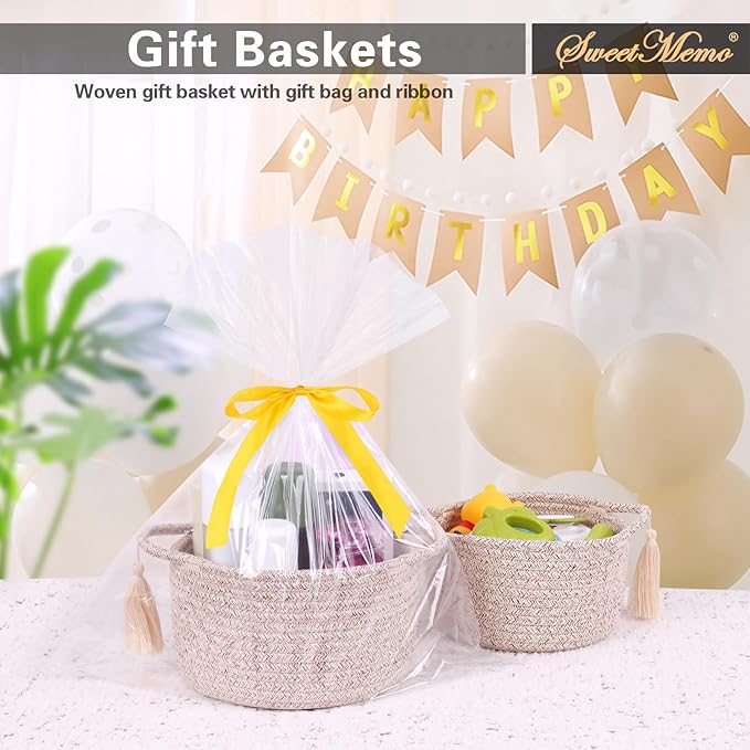 Empty Gift Basket – SweetMemo Mini Woven Rope Organizer Baskets for Gifting, Baby Shower, Desk, Makeup Brushes, Bathroom, Shelves – Small Decorative Storage Bin with Gift Bag & Ribbon – Warm Brown-Ruum Studio Home