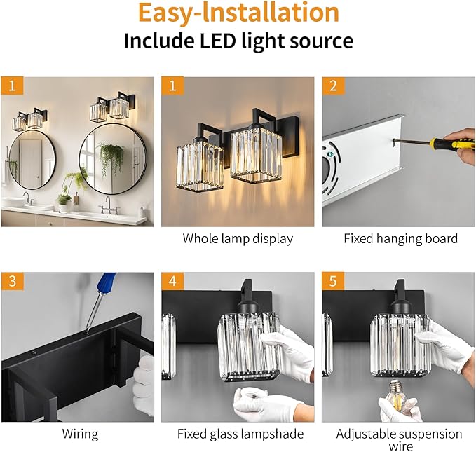 Modern Bathroom Vanity Light 2-Lights Black Crystal Bathroom Wall Light Vanity Light Fixtures-Ruum Studio Home
