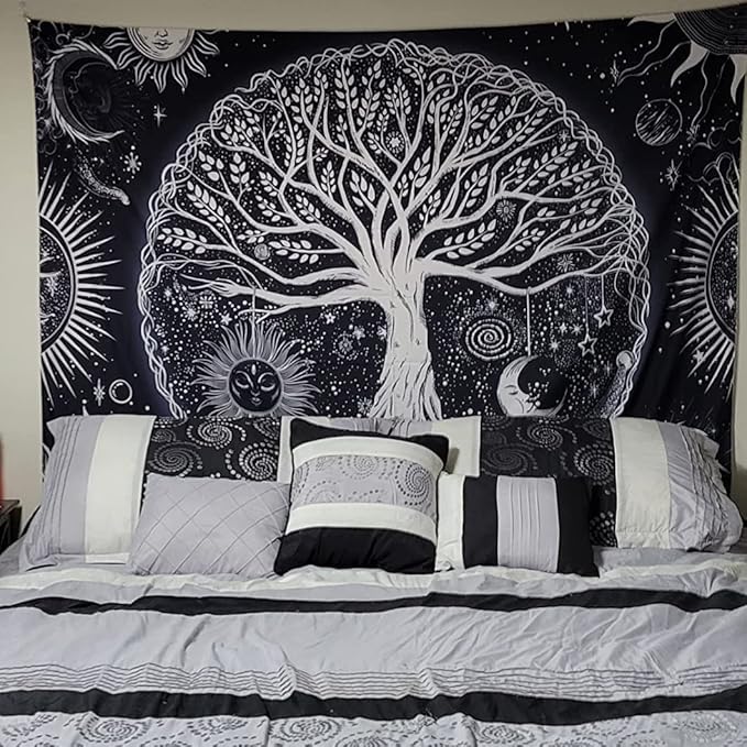 FORATER Tree of Life Tapestry Wall Hanging, Sun and Moon Aesthetic Wall Tapestry Black and White Tapestries Home Decor for Living Room Bedroom(61 x 82 Inch, Black and White)-Ruum Studio Home