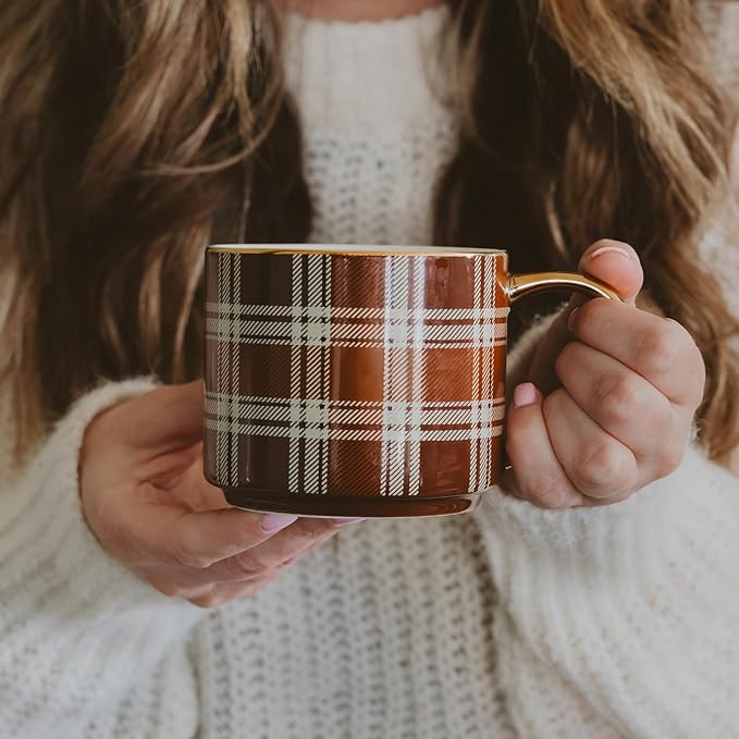 Sweet Water Decor Brown Plaid Mug with Gold Handle, 14oz Fine Bone China Coffee Cup for Tea, Latte, or Hot Cider, Cozy Fall Drinkware, Housewarming & Hostess Gift for Autumn and Thanksgiving-Ruum Studio Home